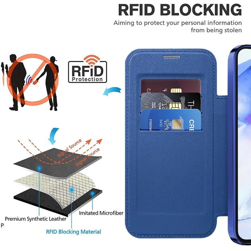 For Samsung Galaxy A55 5G Magnetic Case RFID Blocking Card Holder Leather Phone Cover - Sapphire