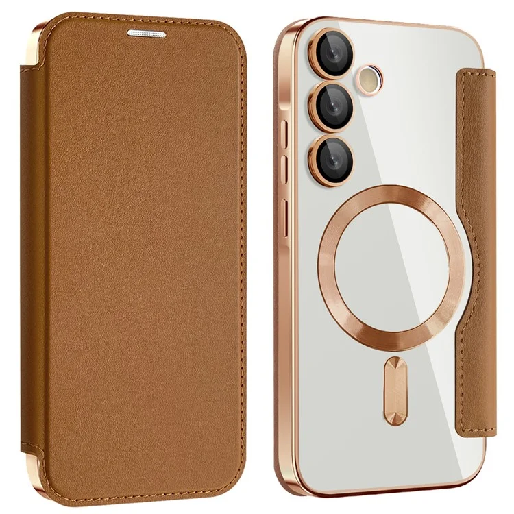 Para Samsung Galaxy A55 5G Case Compatível com MagSafe Capa de Telefone de Couro RFID Blocking - Marrom