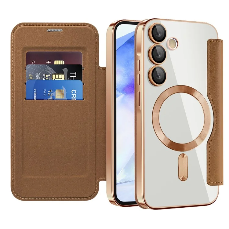 Para Samsung Galaxy A55 5G Case Compatível com MagSafe Capa de Telefone de Couro RFID Blocking - Marrom