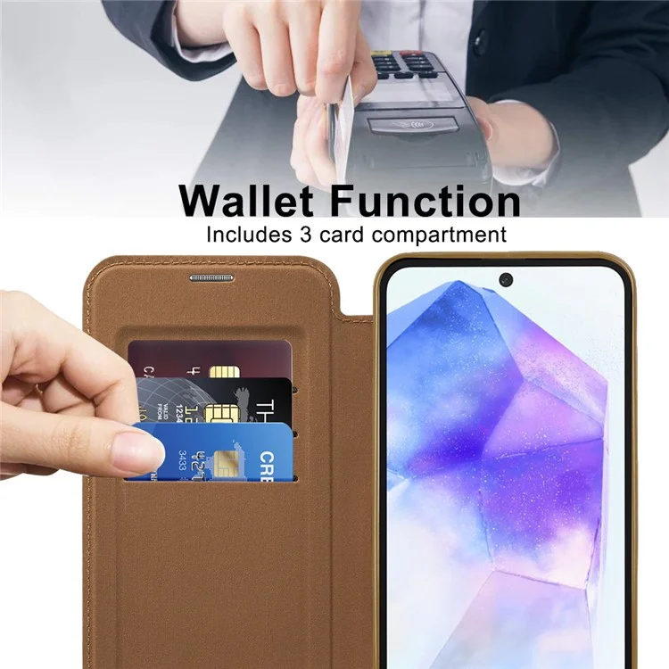 Para Samsung Galaxy A55 5G Case Compatível com MagSafe Capa de Telefone de Couro RFID Blocking - Marrom