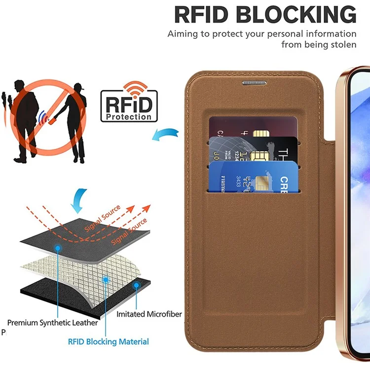 Para Samsung Galaxy A55 5G Case Compatível com MagSafe Capa de Telefone de Couro RFID Blocking - Marrom