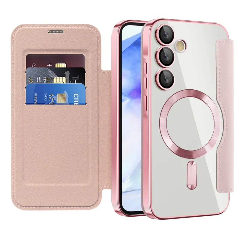 For Samsung Galaxy A55 5G Case Magnetic Case Leather Phone Cover RFID Blocking - Pink