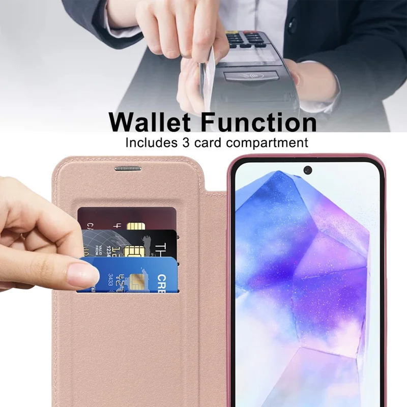 For Samsung Galaxy A55 5G Case Magnetic Case Leather Phone Cover RFID Blocking - Pink