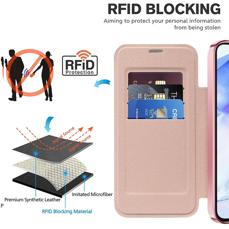 For Samsung Galaxy A55 5G Case Magnetic Case Leather Phone Cover RFID Blocking - Pink