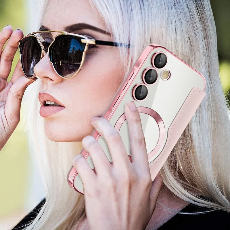 For Samsung Galaxy A55 5G Case Magnetic Case Leather Phone Cover RFID Blocking - Pink