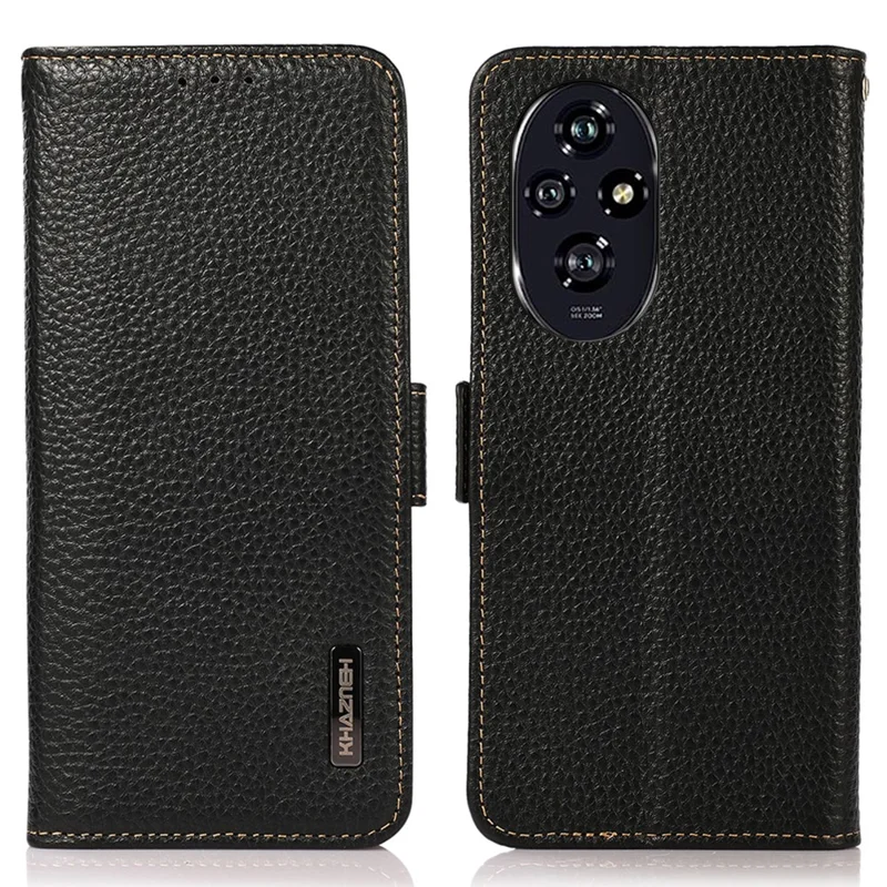 KHAZNEH For Honor 200 5G Phone Case RFID Blocking Genuine Cow Leather Flip Cover - Black
