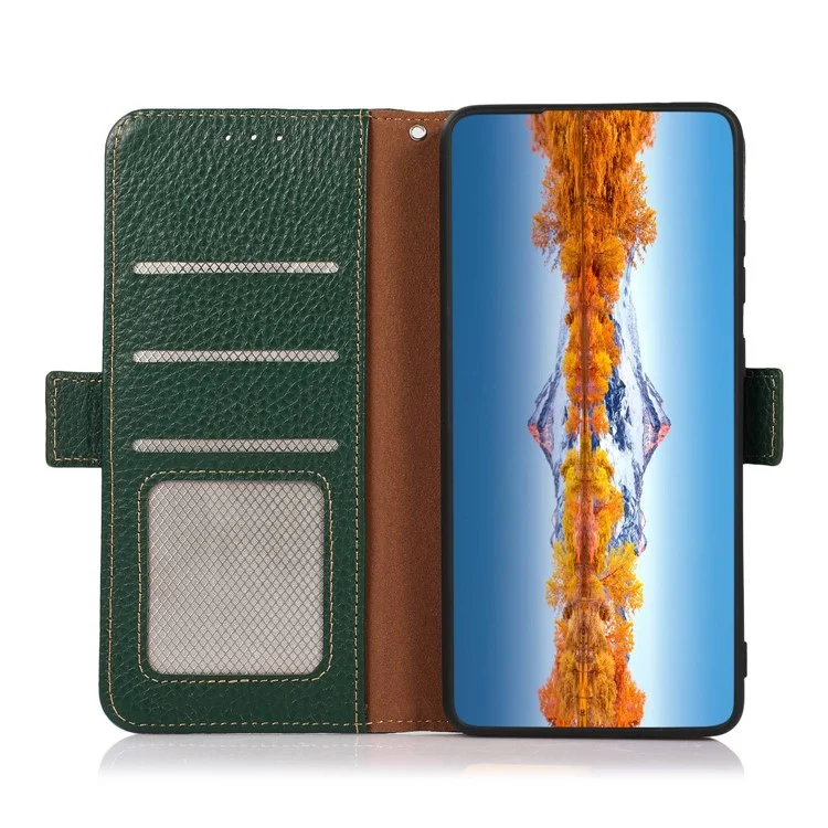 KHAZNEH For Honor 200 Lite Case RFID Blocking Genuine Cow Leather Flip Phone Cover - Green