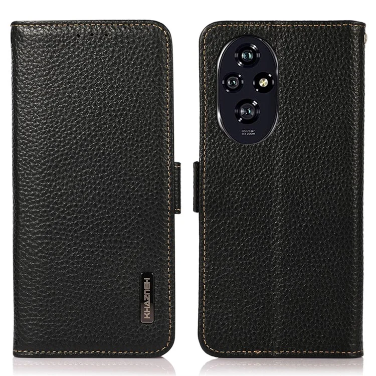 KHAZNEH For Honor 200 Pro 5G Handyhülle RFID-Blockierung Echtes Rindsleder Flip-Cover - Schwarz