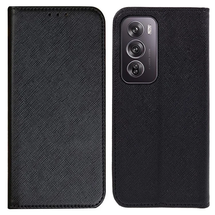 For Oppo Reno12 5G (Global) Case Cross Texture PU Leather Phone Cover Stand Magnetic Closure - Black