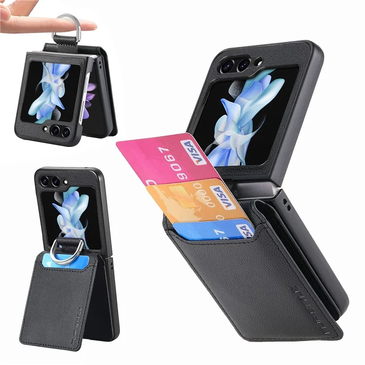 Funda para teléfono Samsung Galaxy Z Flip6 5G con ranura para tarjetas y soporte, cubierta de PU+PC con anillo para el dedo, color negro