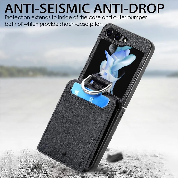 Funda para teléfono Samsung Galaxy Z Flip6 5G con ranura para tarjetas y soporte, cubierta de PU+PC con anillo para el dedo, color negro