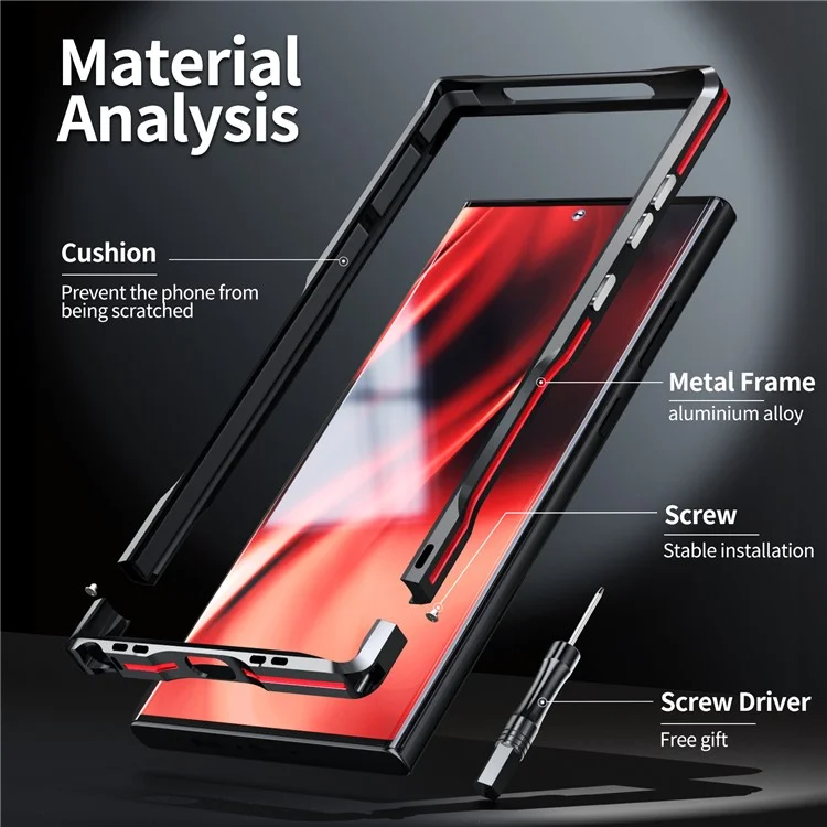 LUPHIE Für Samsung Galaxy S24 Ultra Bumper Case Metallbumper-Rahmen Ohne Rückseite - Schwarz / Rot