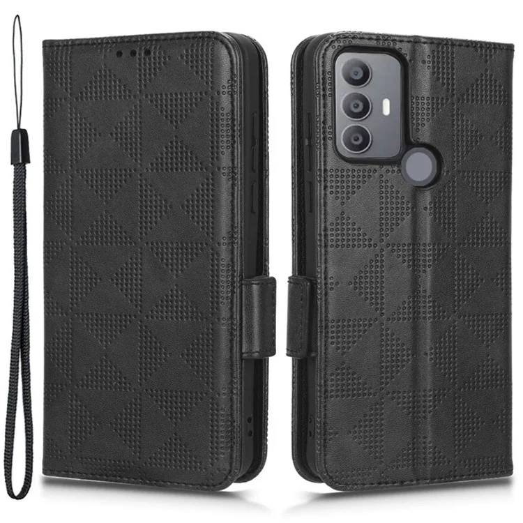 Для TCL 30 SE / 30E / 305 / 306 Imprinted Triangle Pattern PU Leather Wallet Flip Cover Stand Magnetic Closure Folio Case with Wrist Strap - Черный