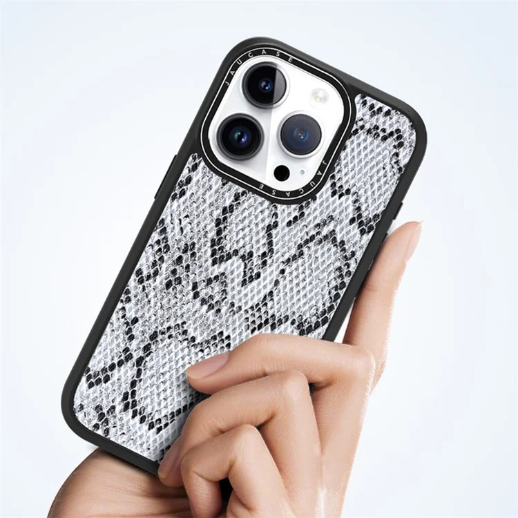 JAUCASE For iPhone 14 Pro Magnetic Case Snake Texture Leather+TPU+PC Anti-Drop Phone Cover - Grey
