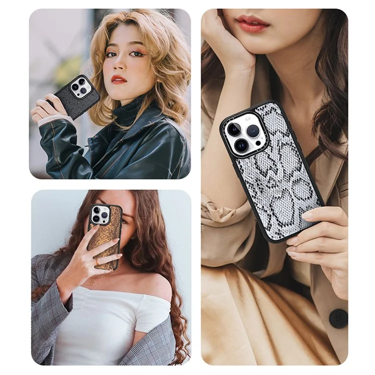 JAUCASE For iPhone 14 Pro Magnetic Case Snake Texture Leather+TPU+PC Anti-Drop Phone Cover - Grey