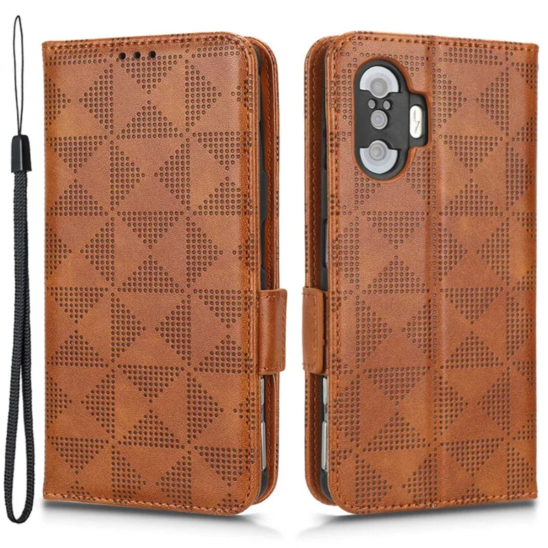 For Xiaomi Redmi K40 Gaming / Poco F3 GT PU Leather Flip Phone Case Stand Wallet Imprinted Triangle Pattern Magnetic Protective Cover with Strap - Brown