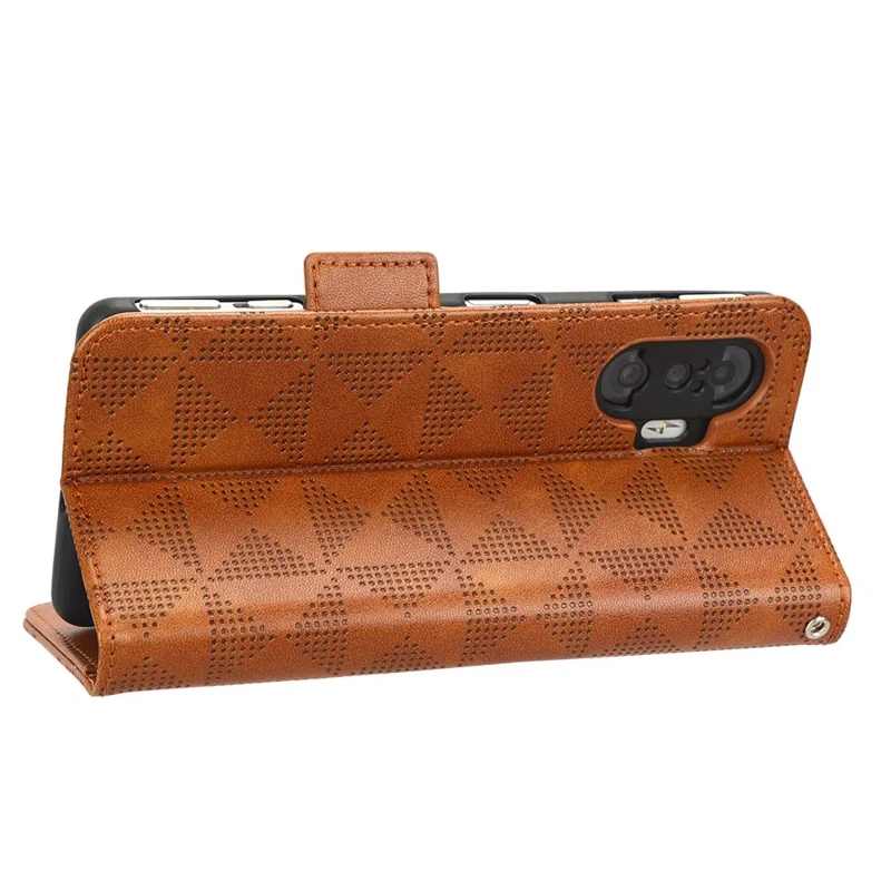 For Xiaomi Redmi K40 Gaming / Poco F3 GT PU Leather Flip Phone Case Stand Wallet Imprinted Triangle Pattern Magnetic Protective Cover with Strap - Brown
