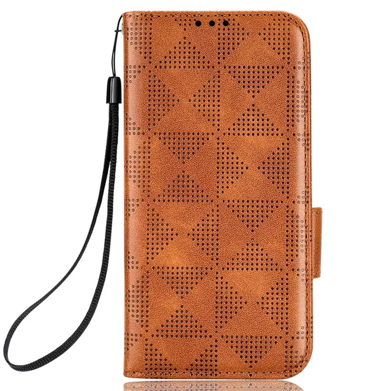 For Xiaomi Redmi K40 Gaming / Poco F3 GT PU Leather Flip Phone Case Stand Wallet Imprinted Triangle Pattern Magnetic Protective Cover with Strap - Brown