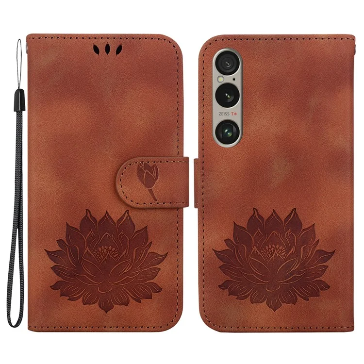 For Sony Xperia 1 VI Case Folio Magnetic Clasp Leather Phone Cover Lotus Pattern - Brown