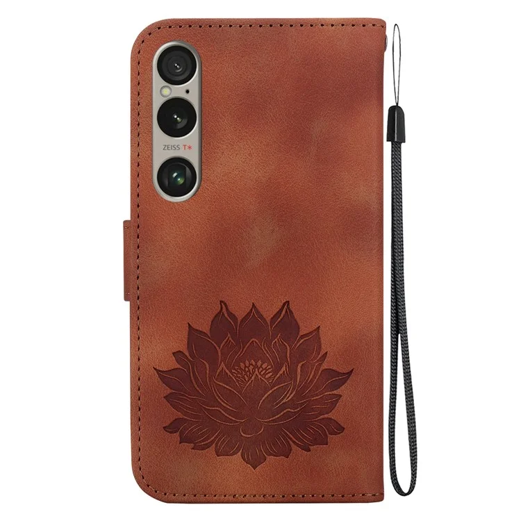 For Sony Xperia 1 VI Case Folio Magnetic Clasp Leather Phone Cover Lotus Pattern - Brown