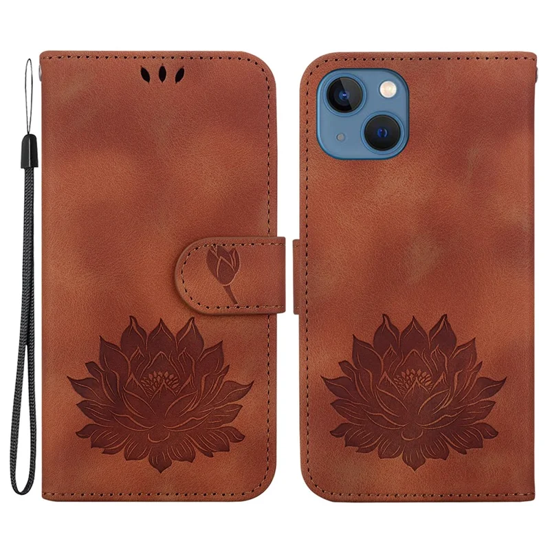 Per iPhone 14 Custodia Lotus Imprinted PU Pelle Flip Portafoglio Telefono Cover - Marrone