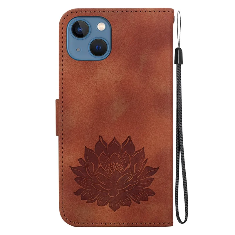Per iPhone 14 Custodia Lotus Imprinted PU Pelle Flip Portafoglio Telefono Cover - Marrone