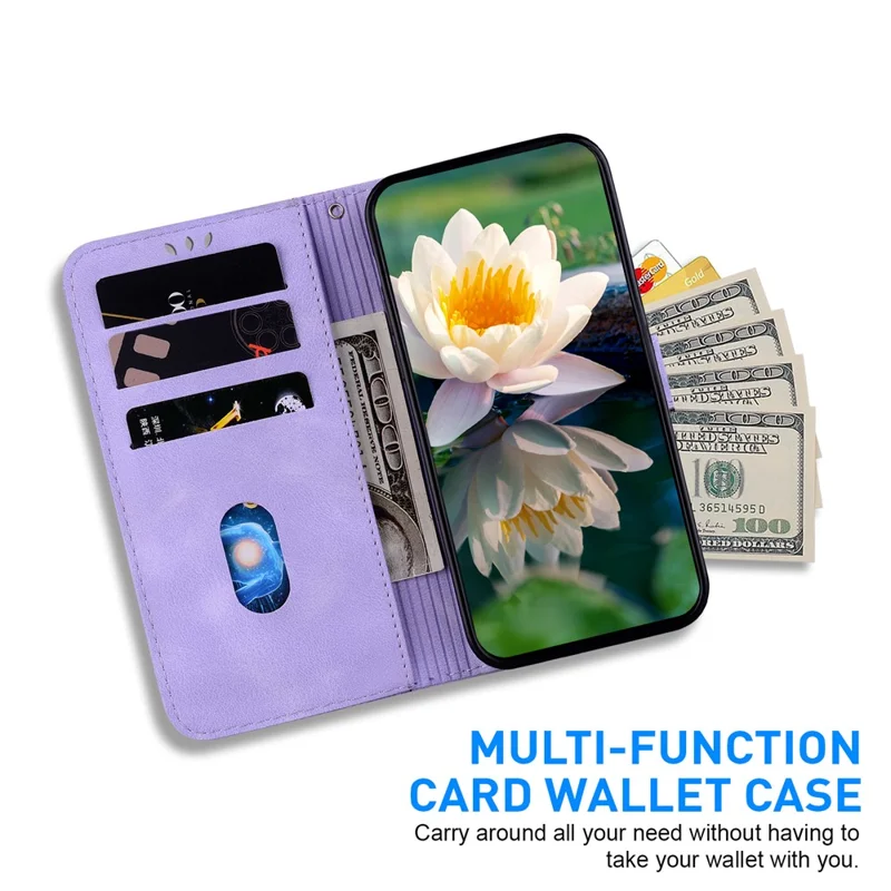 For iPhone 14 Case Lotus Imprinted PU Leather Flip Phone Wallet Cover - Purple
