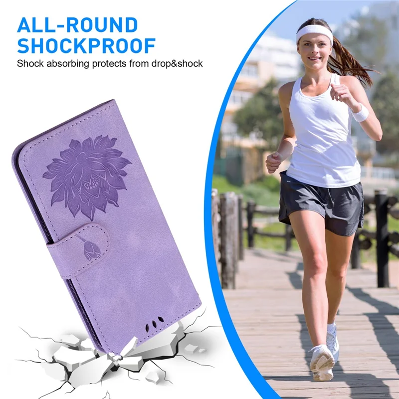 For iPhone 14 Case Lotus Imprinted PU Leather Flip Phone Wallet Cover - Purple
