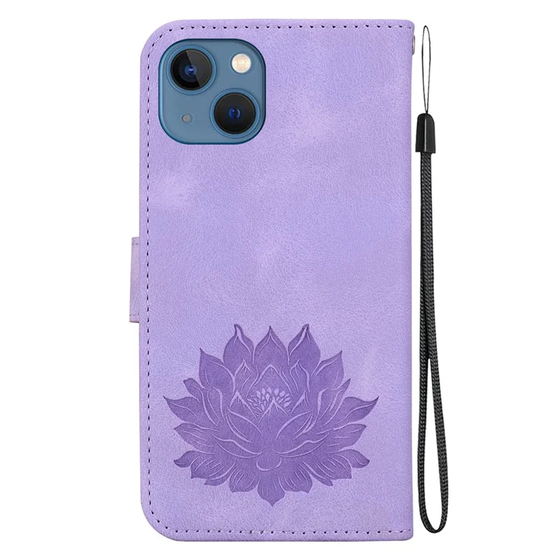 For iPhone 14 Case Lotus Imprinted PU Leather Flip Phone Wallet Cover - Purple
