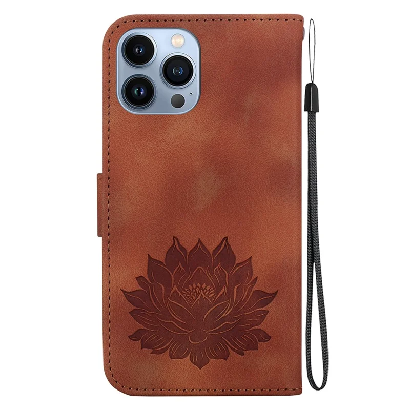 For iPhone 15 Pro Case Leather Slim Fit Wallet Phone Cover Lotus Pattern - Brown