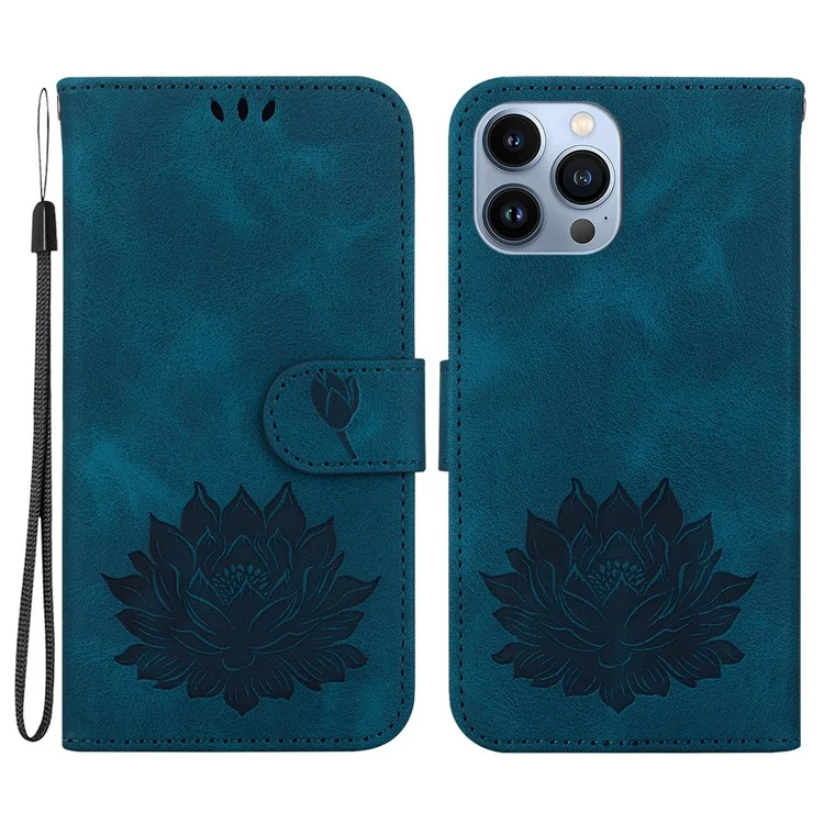 Para iPhone 15 Pro Case Leather Slim Fit Wallet Phone Cover Lotus Pattern - Azul