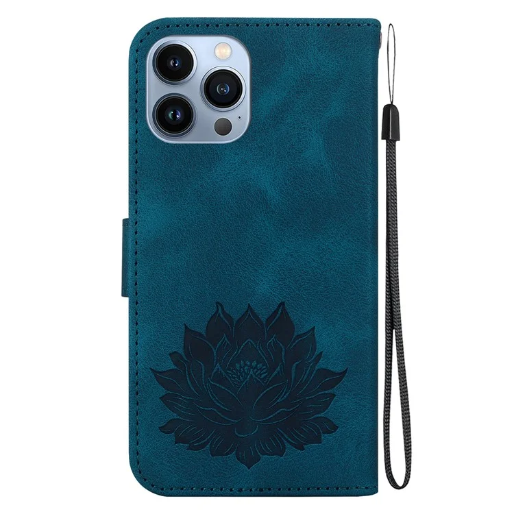 Para iPhone 15 Pro Case Leather Slim Fit Wallet Phone Cover Lotus Pattern - Azul