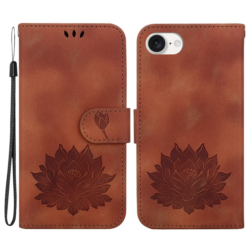 Para iPhone SE (2024) Case PU Leather Lotus Imprinted Phone Cover com Alça - Marrom