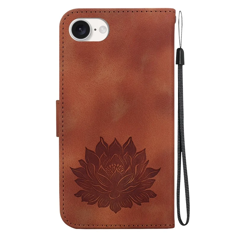Para iPhone SE (2024) Case PU Leather Lotus Imprinted Phone Cover com Alça - Marrom