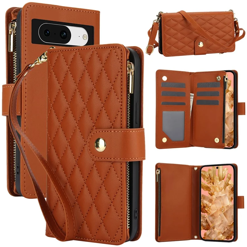 For Google Pixel 8 Case Chic Rhombus PU Leather Phone Cover with Shoulder Lanyard - Brown