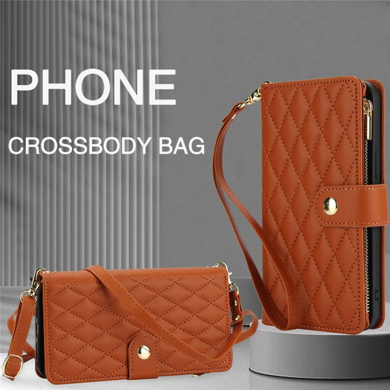 For Google Pixel 8 Case Chic Rhombus PU Leather Phone Cover with Shoulder Lanyard - Brown