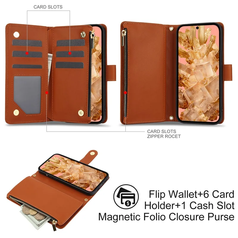 For Google Pixel 8 Case Chic Rhombus PU Leather Phone Cover with Shoulder Lanyard - Brown