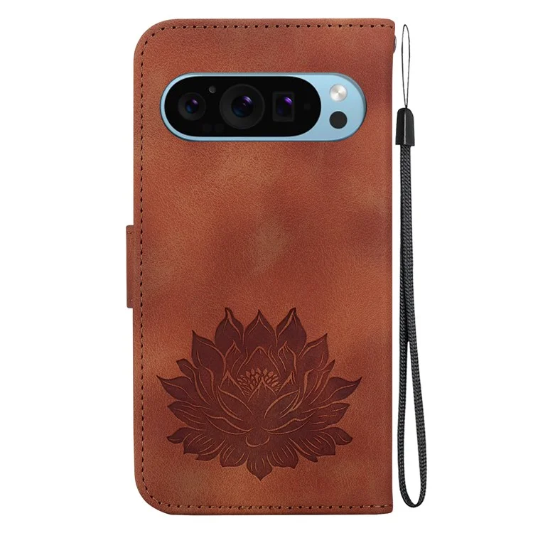 Para Google Pixel 9 Pro XL Funda Lotus Imprinted Leather Stand Phone Cover - Marrón