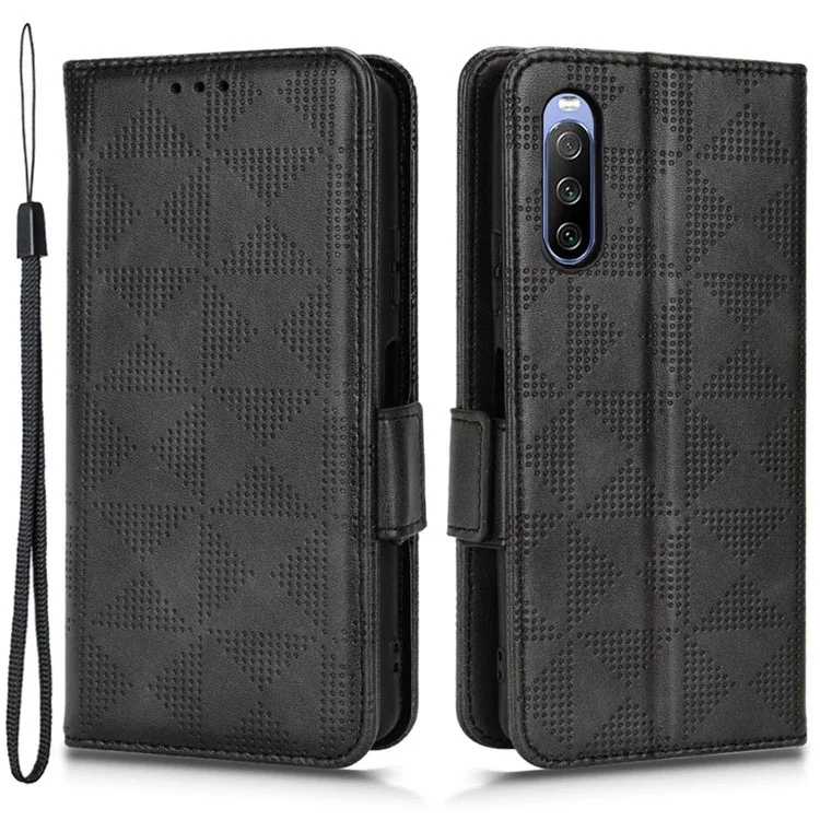 Magnetischer Verschluss Folio Flip Phone Hülle Für Sony Xperia 10 III 5G / Xperia 10 III Lite Geprinktes Dreieck Muster PU Leder Brieftaschenabdeckständer Mit Handgelenkriemen - Schwarz