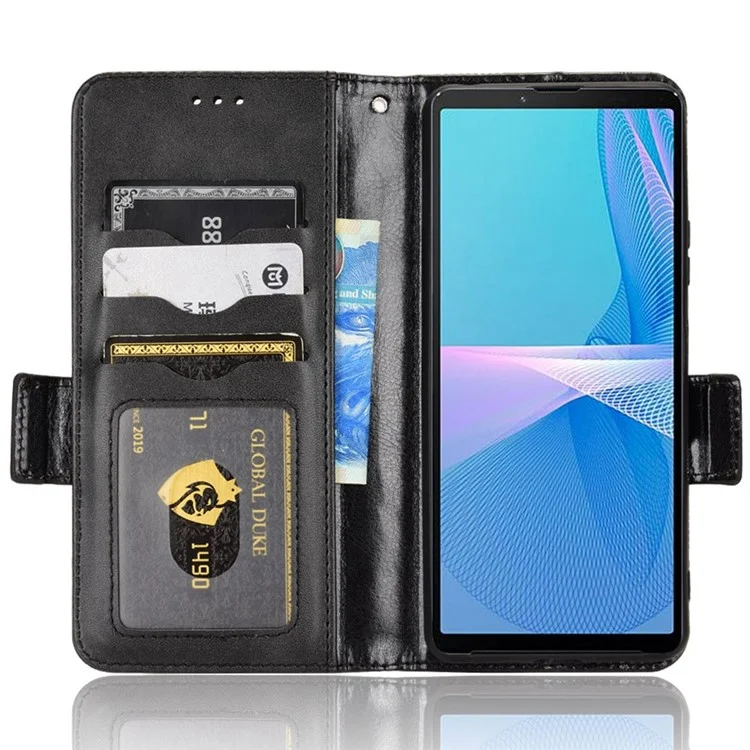 Magnetischer Verschluss Folio Flip Phone Hülle Für Sony Xperia 10 III 5G / Xperia 10 III Lite Geprinktes Dreieck Muster PU Leder Brieftaschenabdeckständer Mit Handgelenkriemen - Schwarz