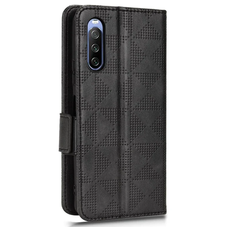 Magnetischer Verschluss Folio Flip Phone Hülle Für Sony Xperia 10 III 5G / Xperia 10 III Lite Geprinktes Dreieck Muster PU Leder Brieftaschenabdeckständer Mit Handgelenkriemen - Schwarz