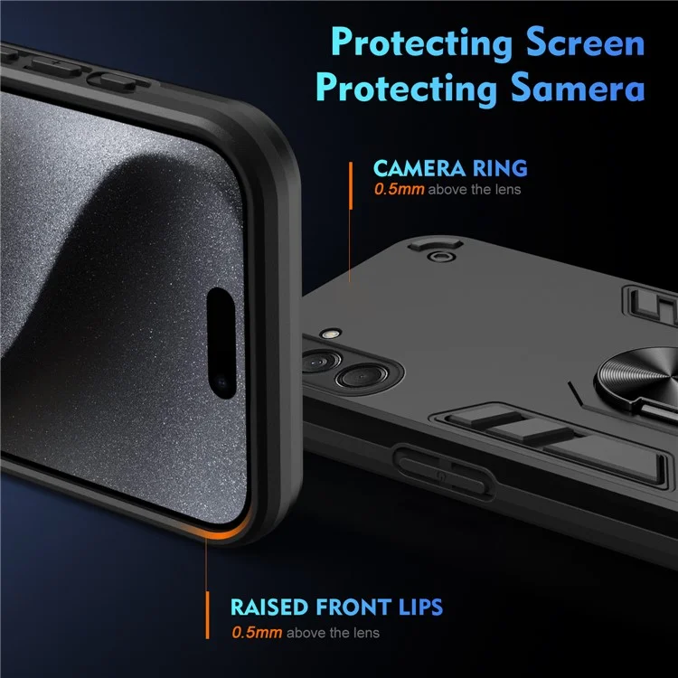 For Samsung Galaxy M55 5G Case PC+TPU Phone Cover with Rotation Ring Grip - Black