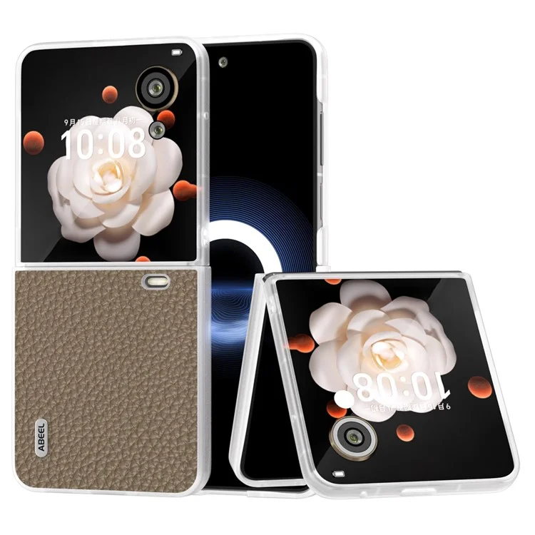 ABEEL For Honor Magic V Flip 5G Case Litchi Texture Genuine Cow Leather+PC Phone Cover Matte Edge - Grey