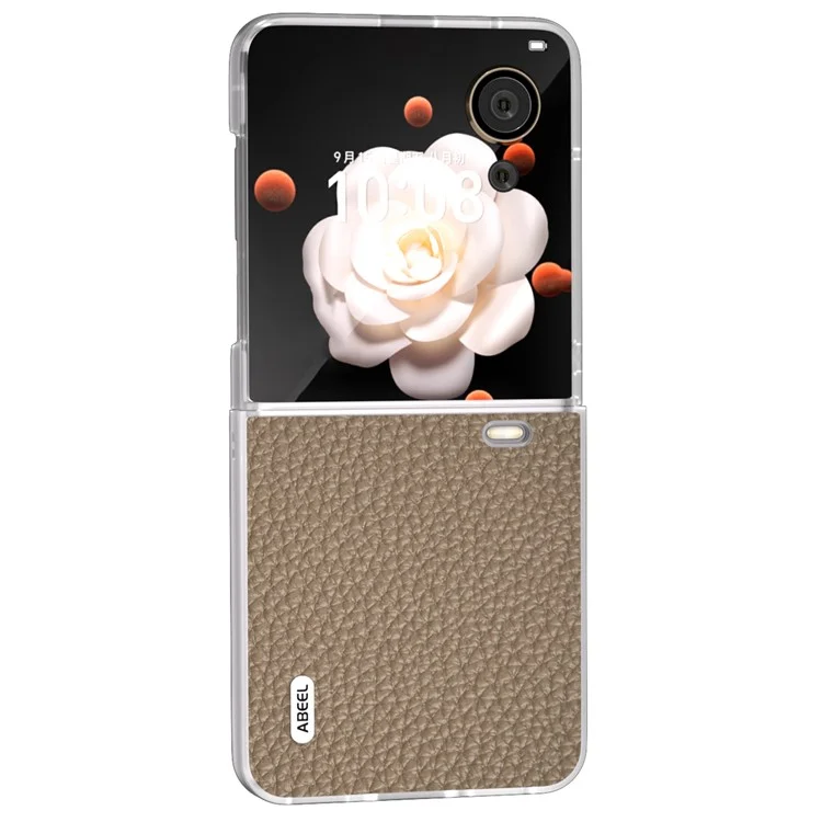 ABEEL For Honor Magic V Flip 5G Case Litchi Texture Genuine Cow Leather+PC Phone Cover Matte Edge - Grey