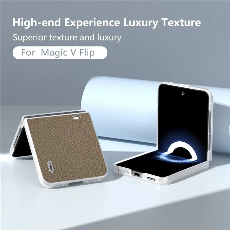 ABEEL For Honor Magic V Flip 5G Case Litchi Texture Genuine Cow Leather+PC Phone Cover Matte Edge - Grey