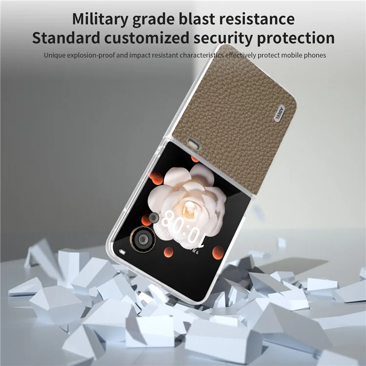 ABEEL For Honor Magic V Flip 5G Case Litchi Texture Genuine Cow Leather+PC Phone Cover Matte Edge - Grey