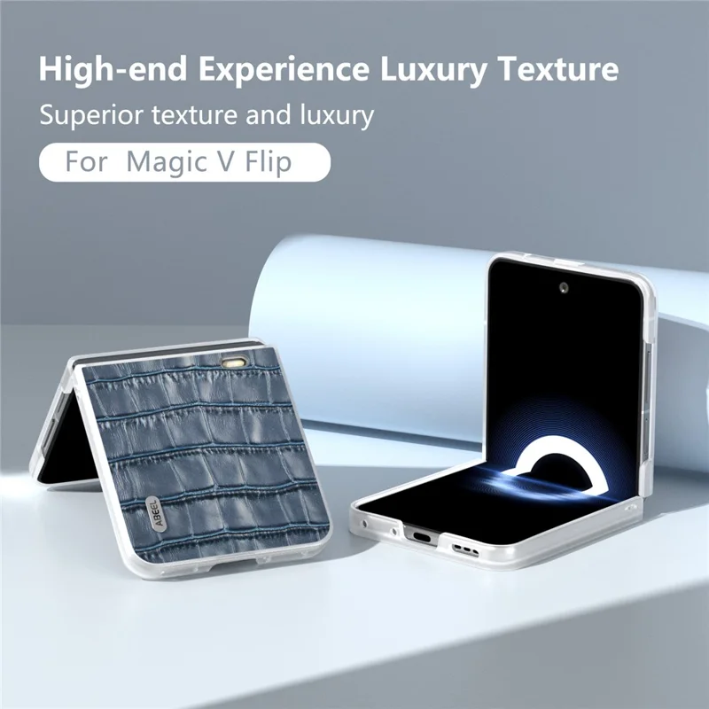 ABEEL For Honor Magic V Flip 5G Case Genuine Cow Leather+PC Phone Cover Crocodile Texture - Blue