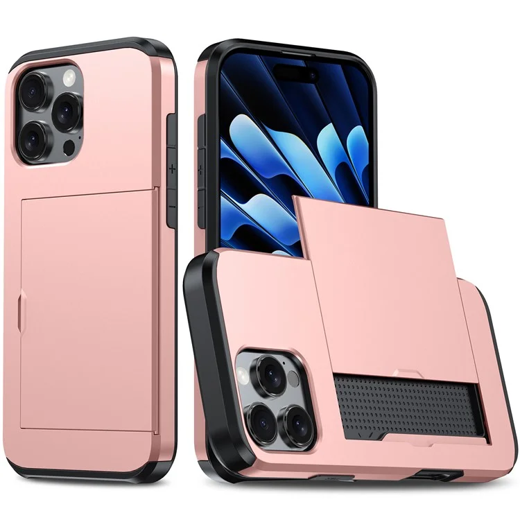 Para iPhone 16 Pro Max Case TPU + PC Capa de Telefone Protetora com Porta-Cartão - Rose Gold
