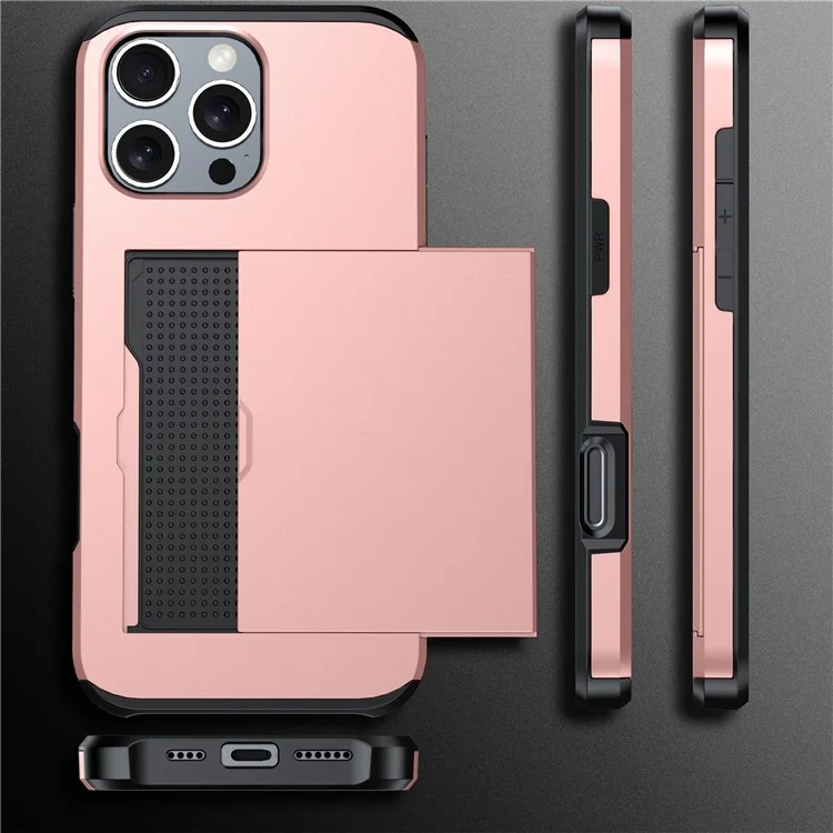 Para iPhone 16 Pro Max Case TPU + PC Capa de Telefone Protetora com Porta-Cartão - Rose Gold