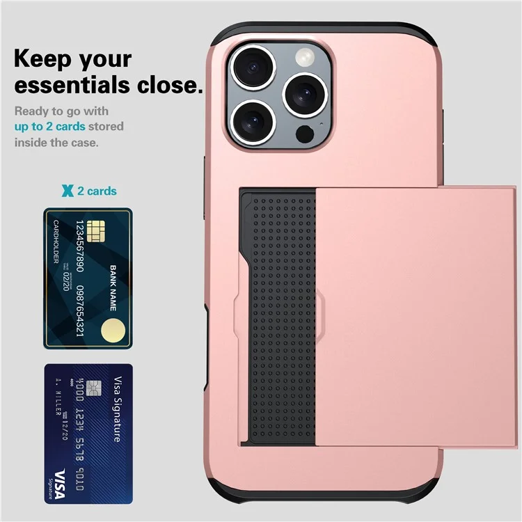 Para iPhone 16 Pro Max Case TPU + PC Capa de Telefone Protetora com Porta-Cartão - Rose Gold